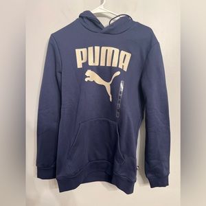 Puma Men's‎ Fleece Hoodie Embossed Logo  Blue/cream kangaroo pocket Size Small